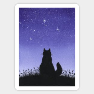 Cat and Stars Blue Watercolor Sticker